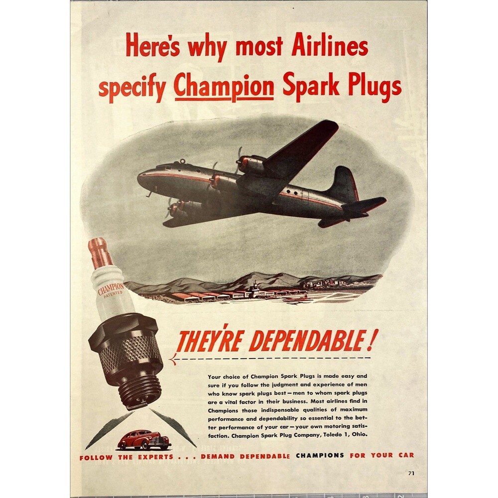 Champion Spark Plugs "Most Airlines find them dependable" Vintage Print Ad 1946
